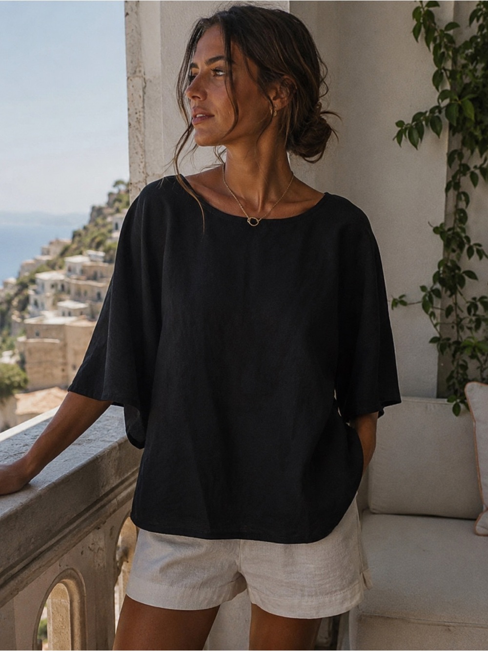 BECASA Black Linen Boxy Top Oversized Dolman Sleeve Resort Blouse